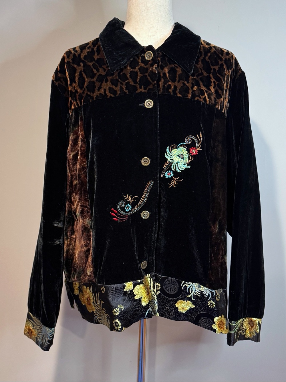 Vintage White Stag Black Velvet Patchwork Jacket Whimsigoth Dark Romantic XL